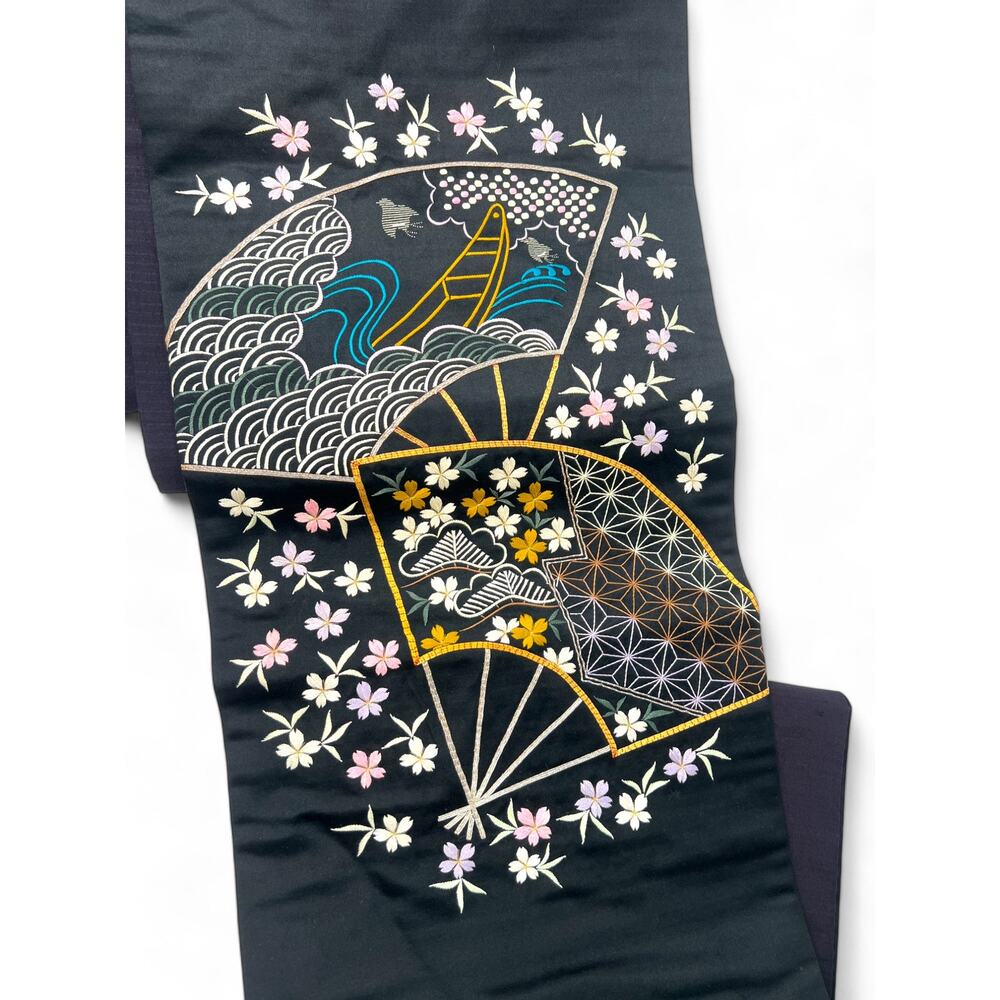 Embroidered Silk Japanese Kimono Fabric Long Table Runner Reversable 66"X12"